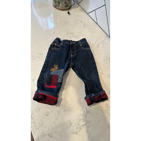 OshKosh B'gosh Baby's Patch moose patch fleece lined jeans winter cabin sz 12 m - Picture 1 of 6
